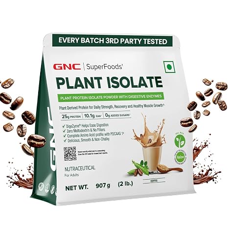 GNC AMP Plant Isolate Protein | 2 lbs | 26 Servings| Vegan Protein | Lactose Free and Soy Free |DigeZyme For Easy Digestion | Active Lifestyle | Healthy Muscles| Coffee 2lbs